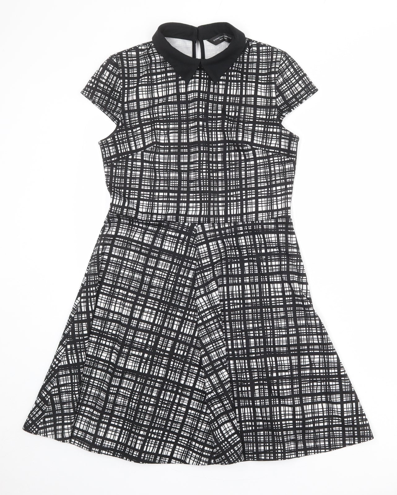 Dorothy Perkins Womens Black Geometric Polyester Skater Dress Size 10 Collared Button
