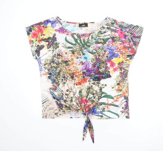 Wallis Womens Multicoloured Floral Polyester Basic T-Shirt Size M Boat Neck - Tie Front Detail