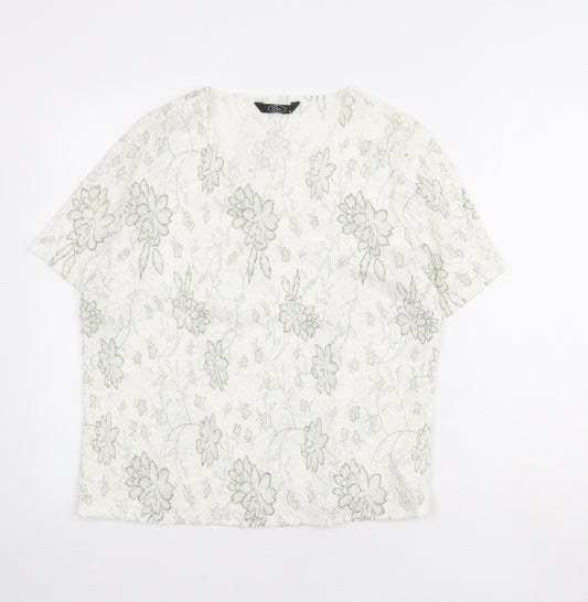 Bonmarché Womens White Floral Nylon Basic T-Shirt Size M Round Neck