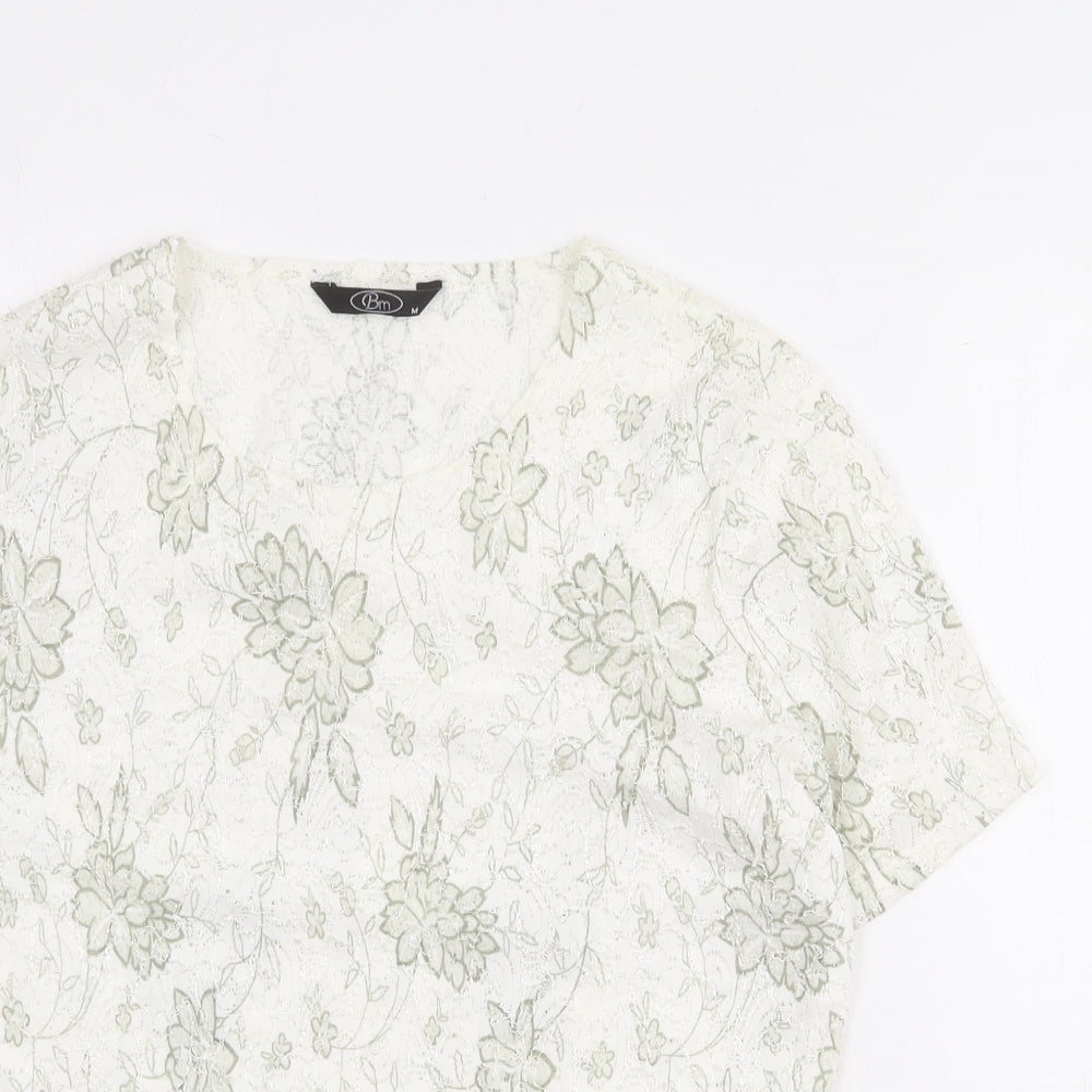 Bonmarché Womens White Floral Nylon Basic T-Shirt Size M Round Neck
