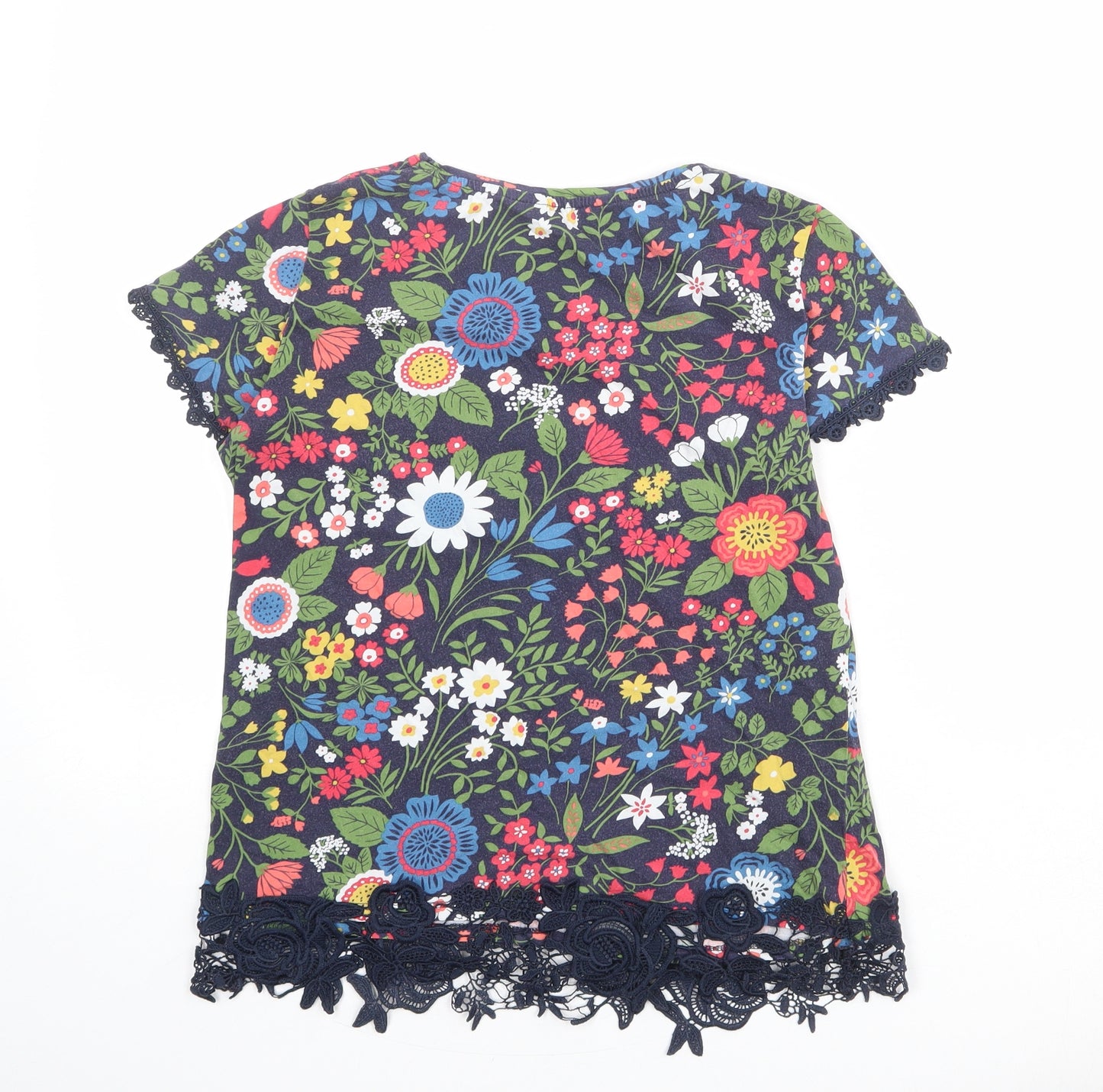 Dorothy Perkins Womens Blue Floral Cotton Basic T-Shirt Size 10 Boat Neck - Crocheted Lace Trim