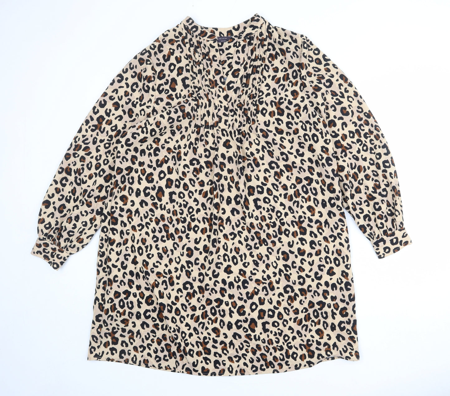 Marks and Spencer Womens Beige Animal Print Polyester Shift Size 14 V-Neck Button - Leopard Print