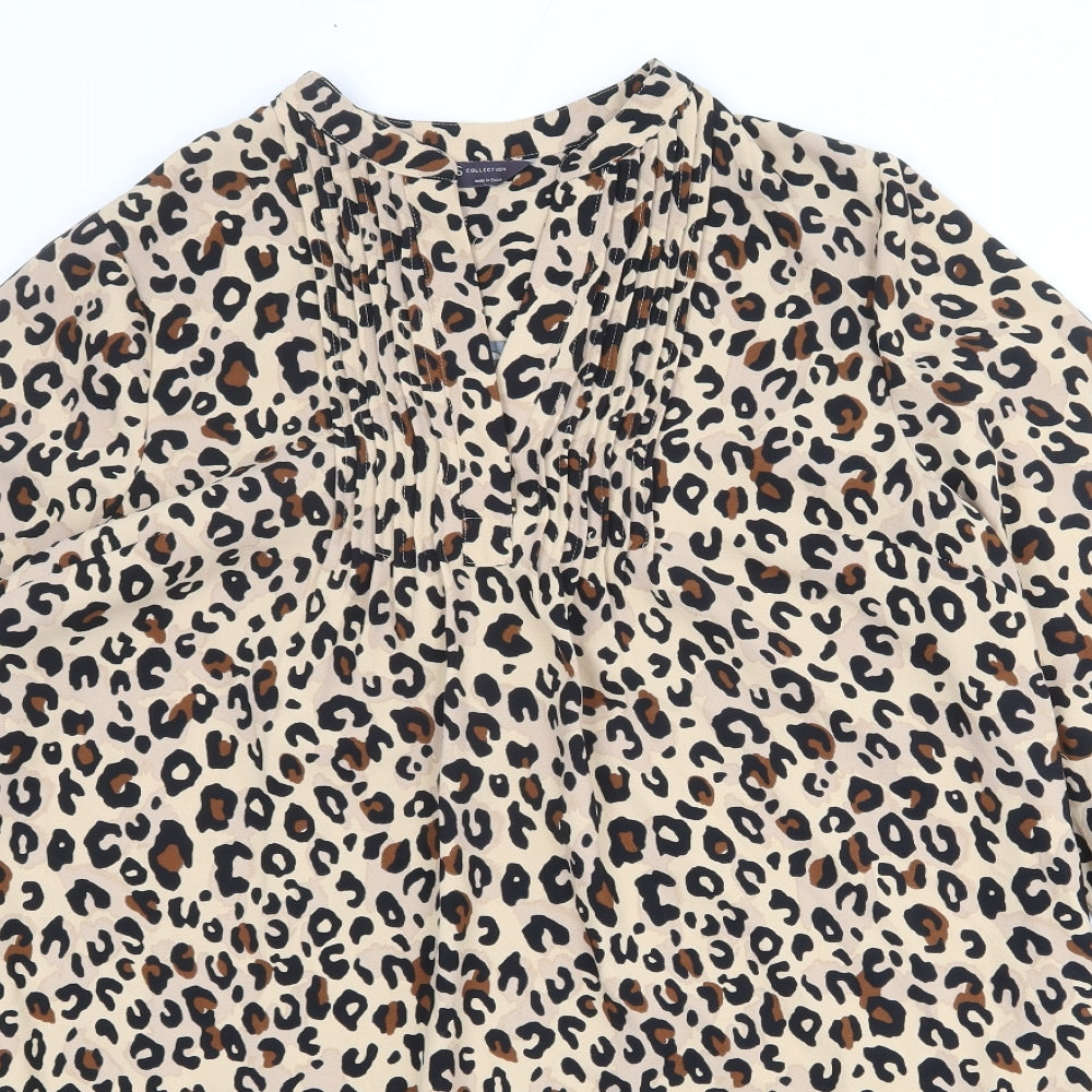 Marks and Spencer Womens Beige Animal Print Polyester Shift Size 14 V-Neck Button - Leopard Print