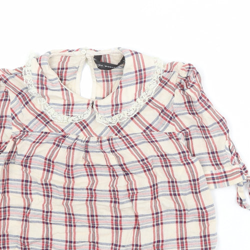 Zara Womens Beige Plaid 100% Cotton Basic Blouse Size S Collared - Tie Sleeve Detail