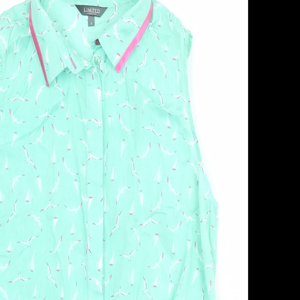 Limited Collection Womens Green Geometric Viscose Basic Button-Up Size 14 Collared - Tie Front Bird Print
