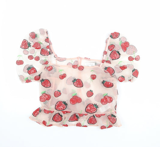 Topshop Womens Pink Geometric Nylon Cropped Blouse Size 12 Square Neck - Strawberry Print