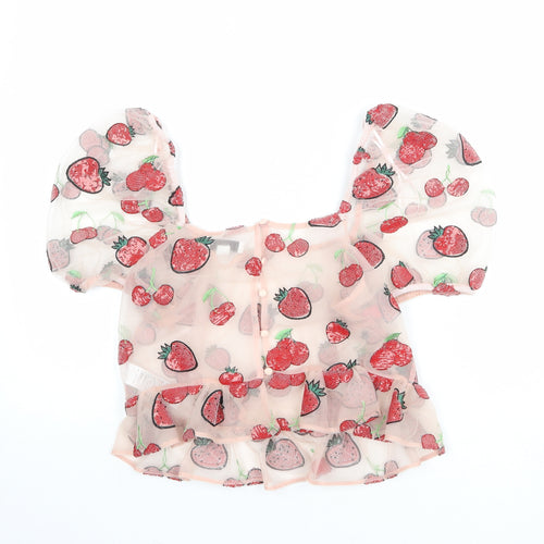 Topshop Womens Pink Geometric Nylon Cropped Blouse Size 12 Square Neck - Strawberry Print