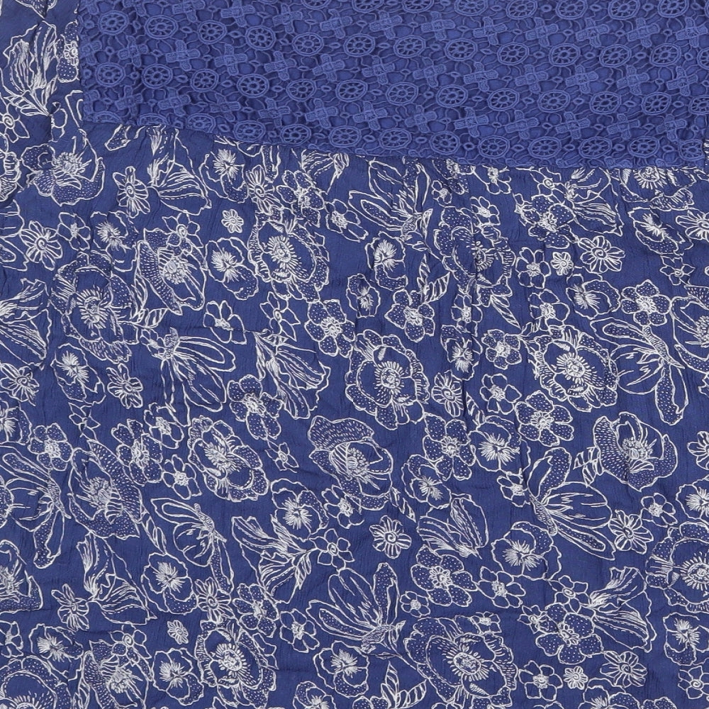 EWM Womens Blue Floral Viscose Basic Blouse Size 18 Boat Neck - Lace Detail