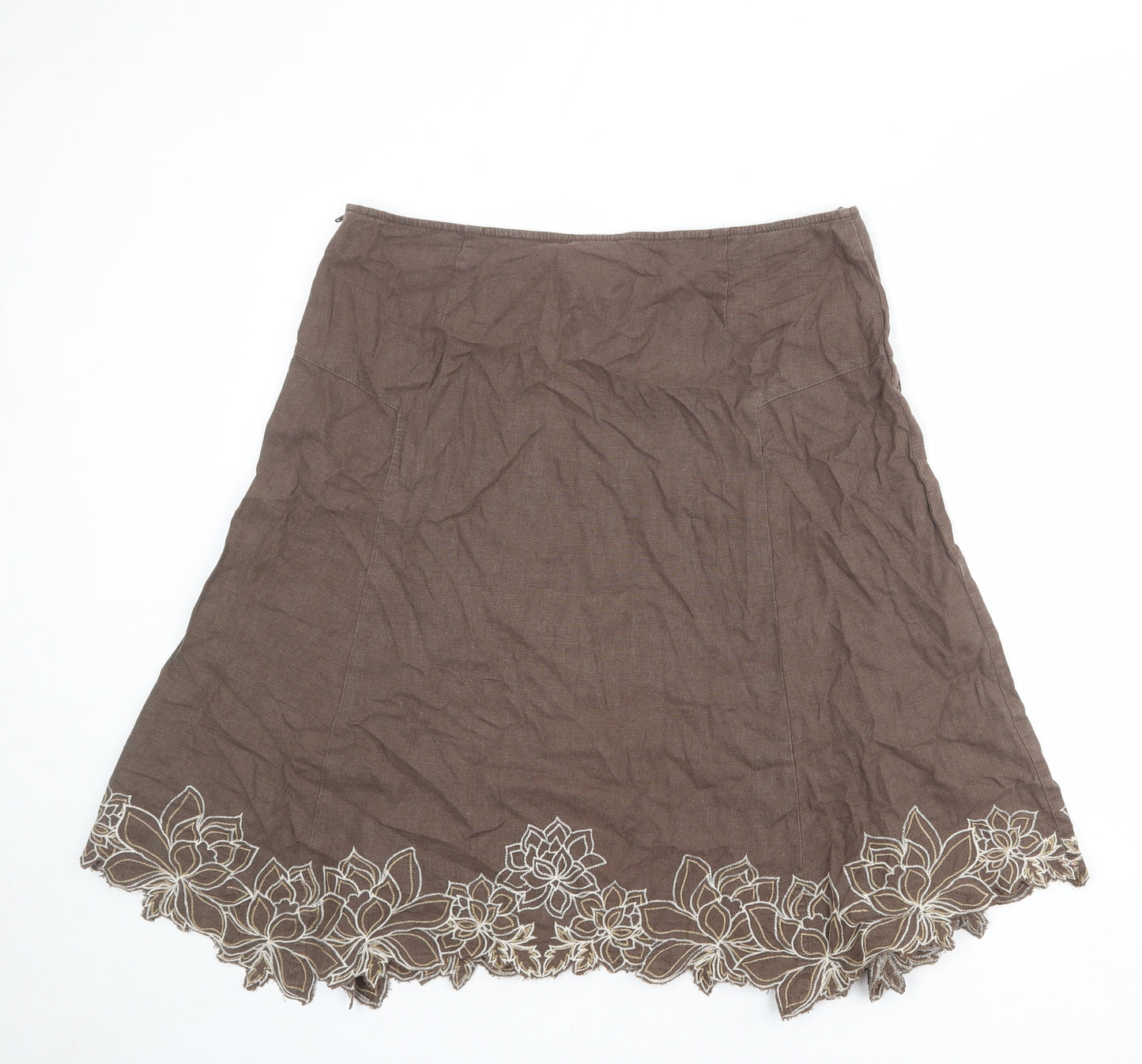 NEXT Womens Brown Floral Linen Swing Skirt Size 16 Zip