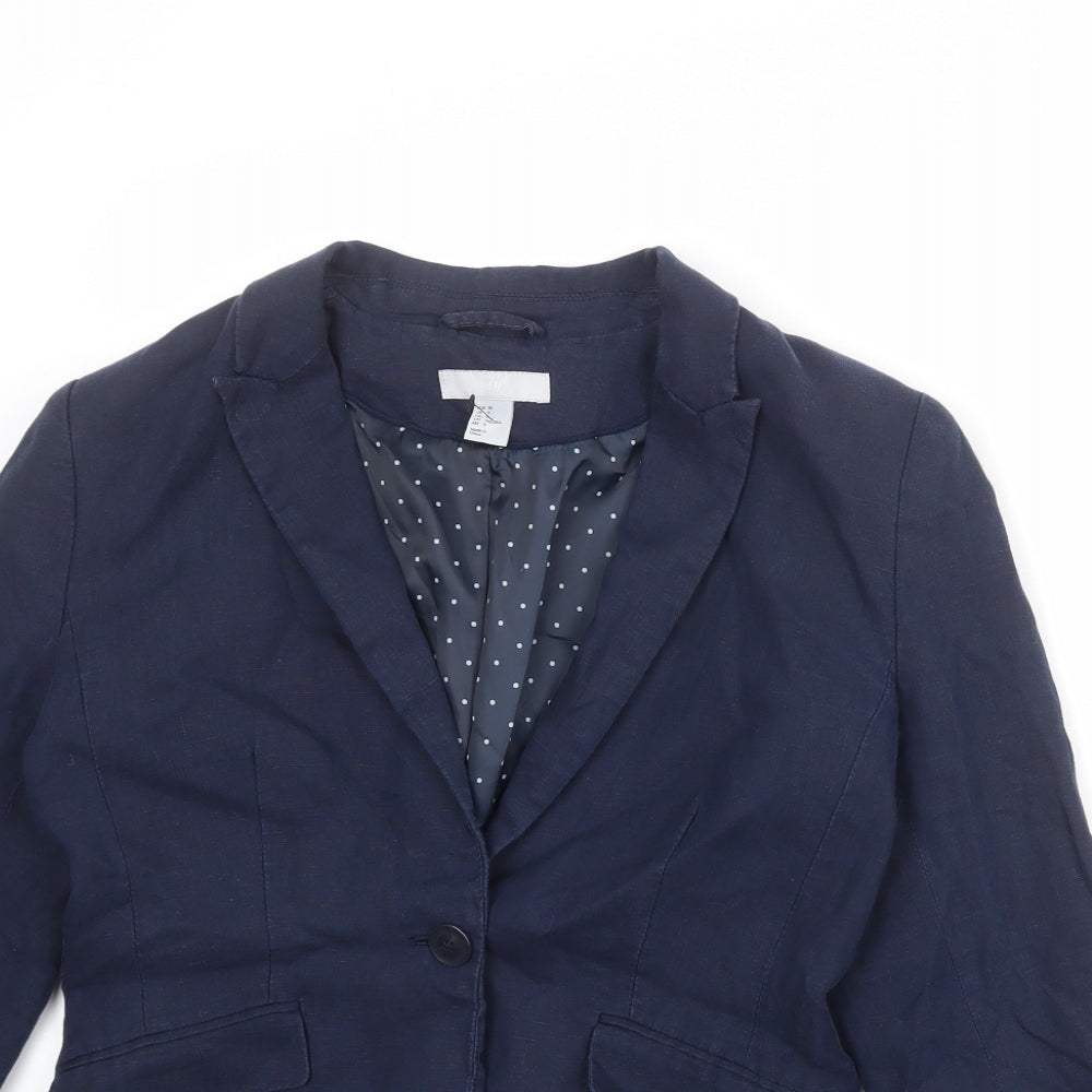 H&M Womens Blue Linen Jacket Blazer Size 12