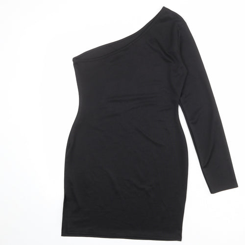 PRETTYLITTLETHING Womens Black Polyester Bodycon Size 12 One Shoulder Pullover