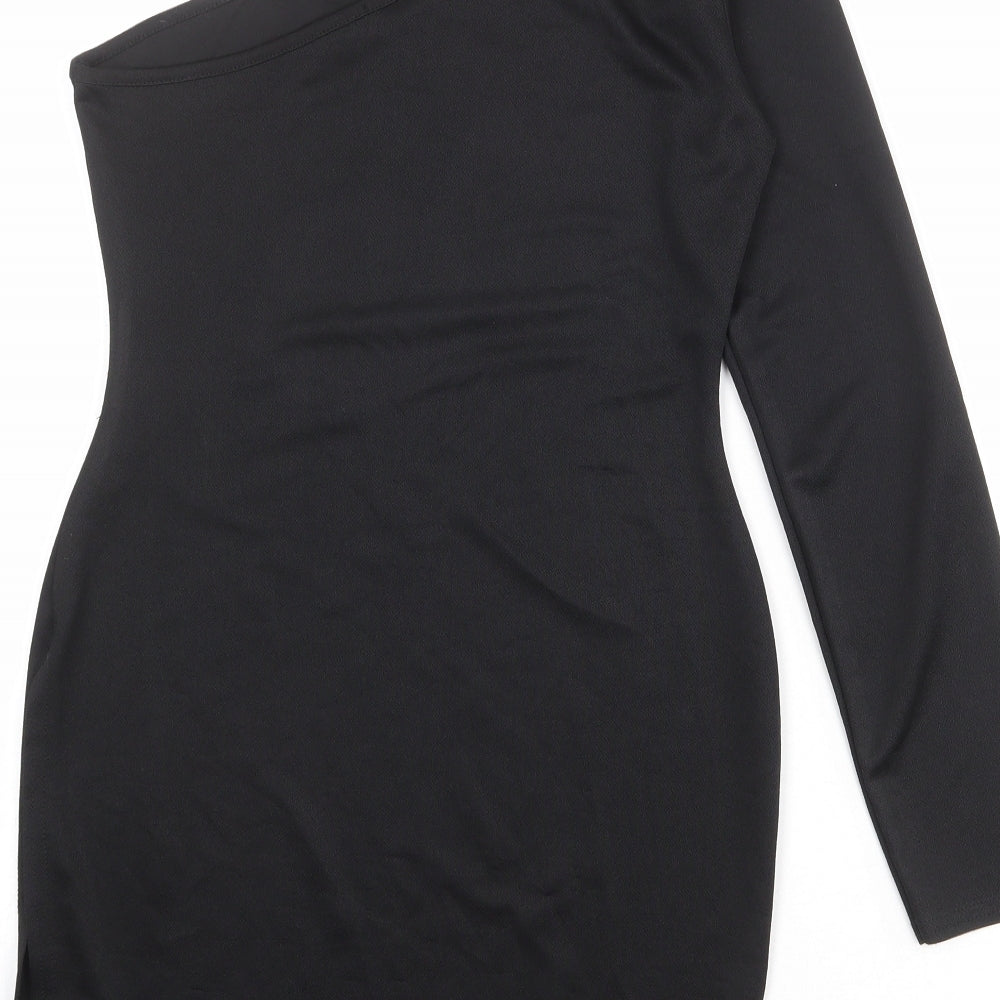 PRETTYLITTLETHING Womens Black Polyester Bodycon Size 12 One Shoulder Pullover