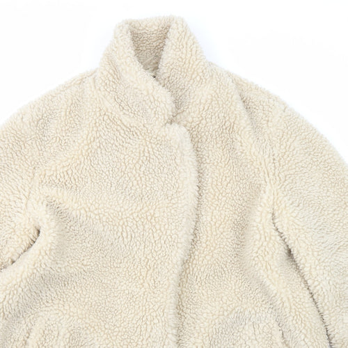 H&M Womens Beige Overcoat Coat Size M Snap - Teddy Style