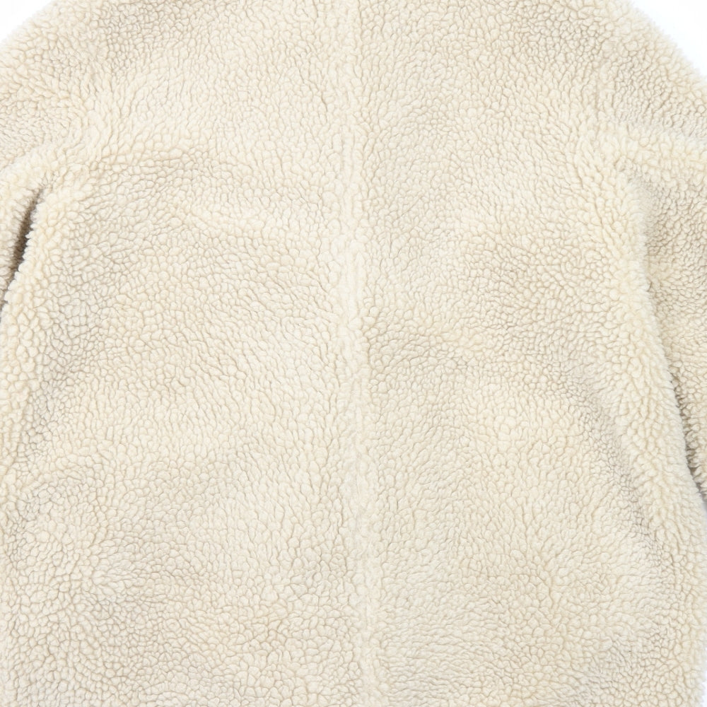 H&M Womens Beige Overcoat Coat Size M Snap - Teddy Style