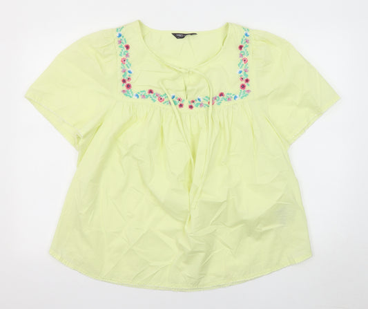 Marks and Spencer Womens Yellow Cotton Basic Blouse Size 16 Round Neck - Floral Detail