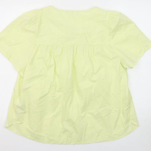 Marks and Spencer Womens Yellow Cotton Basic Blouse Size 16 Round Neck - Floral Detail