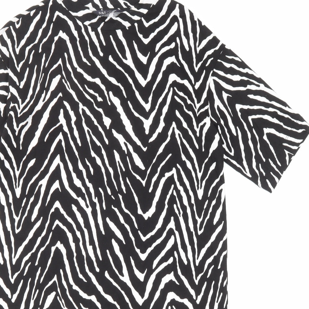 Marks and Spencer Womens Black Animal Print Cotton T-Shirt Dress Size 8 Crew Neck Pullover - Zebra Print