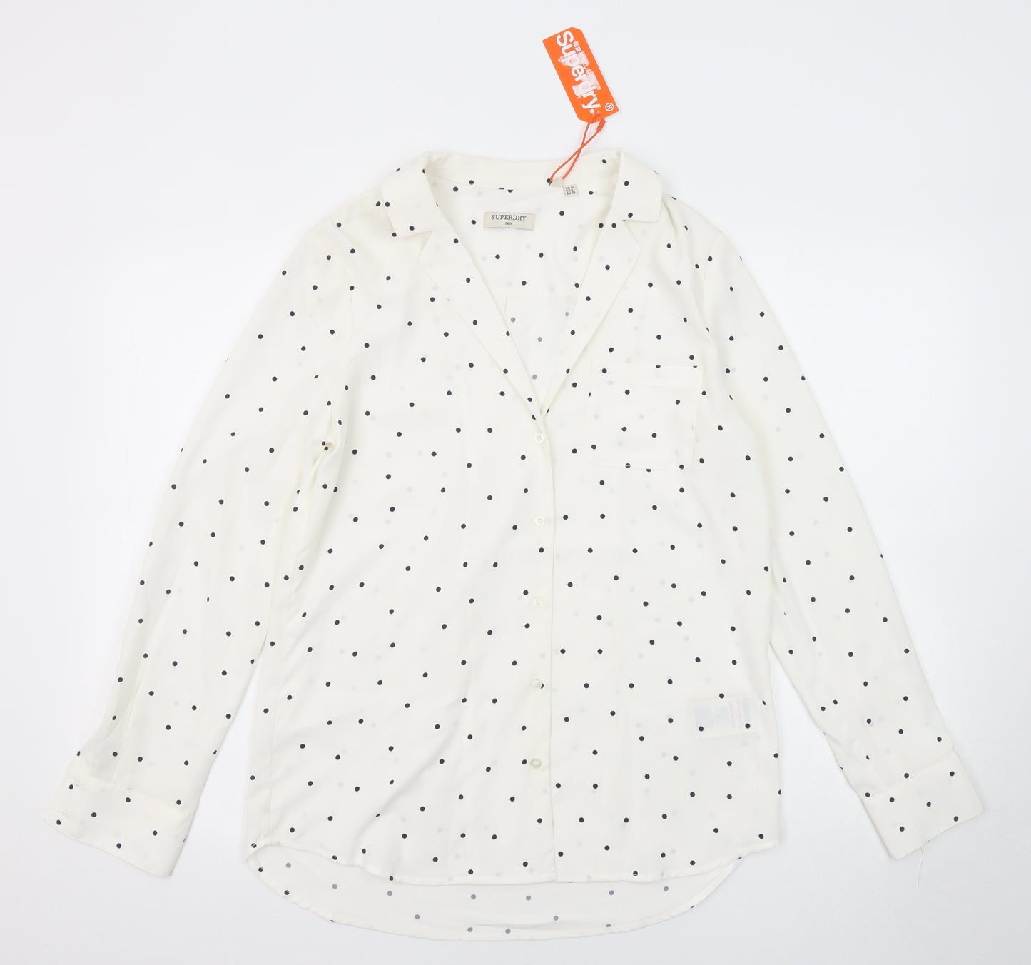 Superdry Womens White Polka Dot Polyester Basic Button-Up Size 10 Collared