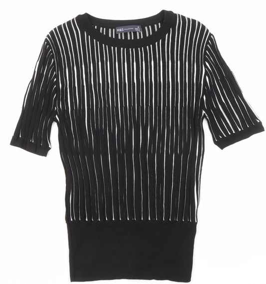 Marks and Spencer Womens Black Round Neck Striped Viscose Pullover Jumper Size 12
