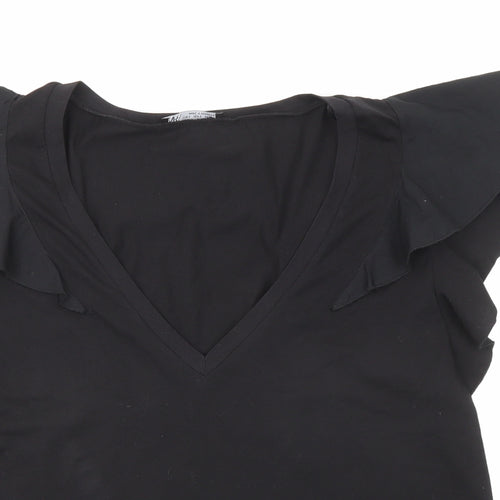 Zara Womens Black Polyester Basic Blouse Size L V-Neck