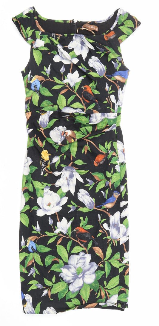 Jolie Moi Womens Multicoloured Floral Cotton Shift Size 10 Round Neck Zip - Bird pattern