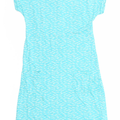 Weird Fish Womens Blue Geometric Cotton T-Shirt Dress Size 8 Round Neck Button - Fish pattern