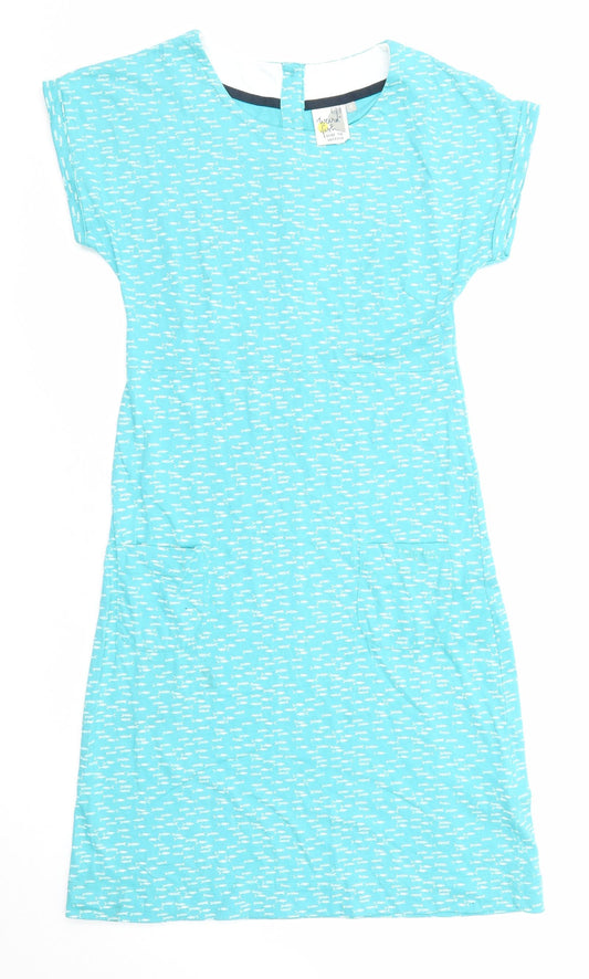 Weird Fish Womens Blue Geometric Cotton T-Shirt Dress Size 8 Round Neck Button - Fish pattern
