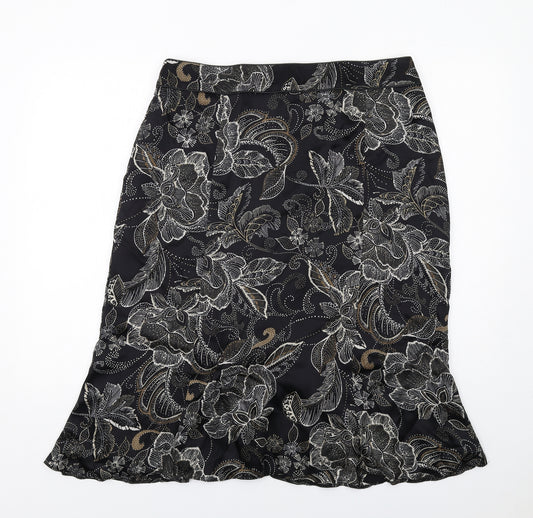 Roman Womens Black Floral Viscose A-Line Skirt Size 18 Zip