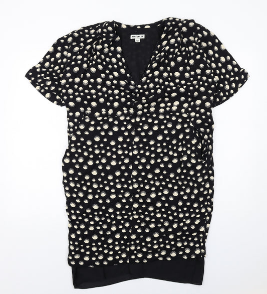 Whistles Womens Black Geometric Viscose T-Shirt Dress Size 10 V-Neck Pullover