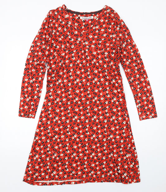 Mudd & Water Womens Red Floral Cotton T-Shirt Dress Size 10 V-Neck Pullover