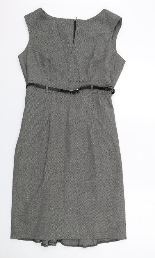 Marks and Spencer Womens Grey Geometric Polyester Shift Size 16 Round Neck Zip