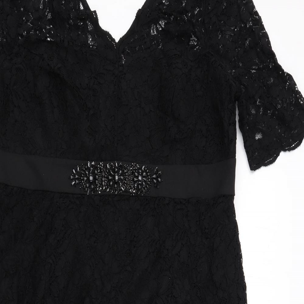 Monsoon Womens Black Nylon Shift Size 18 V-Neck Zip - Lace Details