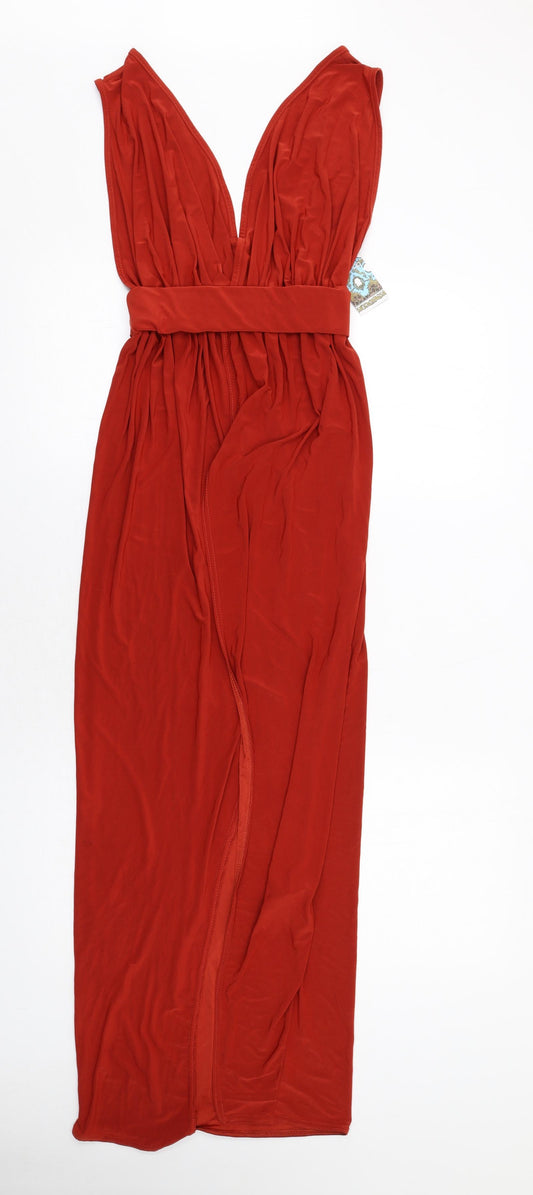 Boohoo Womens Red Polyester Maxi Size 8 V-Neck Pullover