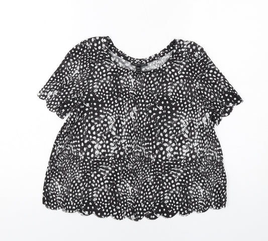 Topshop Womens Black Animal Print Polyester Basic Blouse Size 6 Round Neck