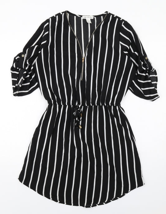 Urban Heritage Womens Black Striped Polyester Shirt Dress Size M V-Neck Zip