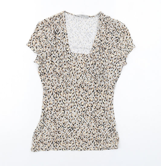 Marks and Spencer Womens Beige Animal Print Viscose Basic T-Shirt Size 10 Square Neck - Leopard Print