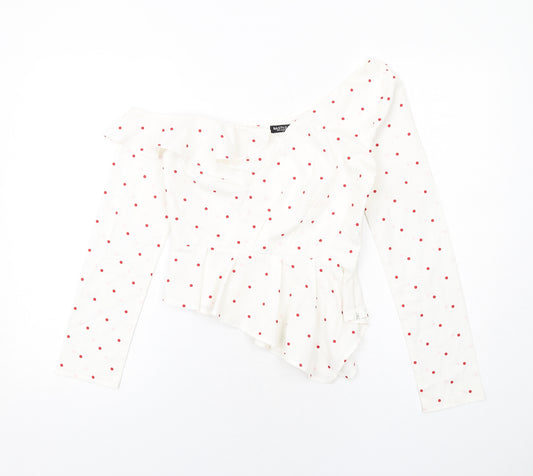 Nasty Gal Womens White Polka Dot Polyester Basic Blouse Size 8 Off the Shoulder - Asymmetric Neckline