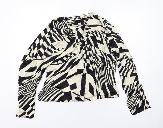 Zara Womens Ivory Geometric Viscose Basic Blouse Size XL Round Neck