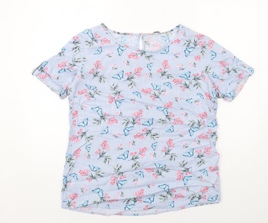 M&Co Womens Blue Geometric Linen Basic T-Shirt Size 10 Round Neck - Butterfly Pattern
