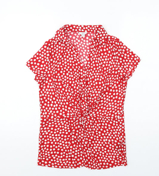 M&Co Womens Red Polka Dot Polyester Basic Button-Up Size 12 Collared