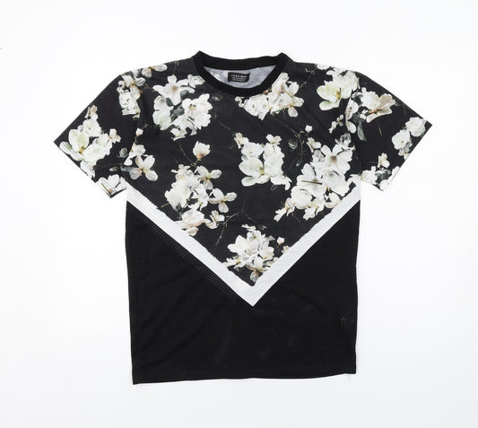 Zara Mens Black Floral Polyamide T-Shirt Size S Round Neck