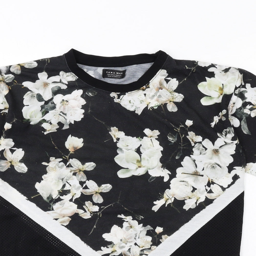 Zara Mens Black Floral Polyamide T-Shirt Size S Round Neck