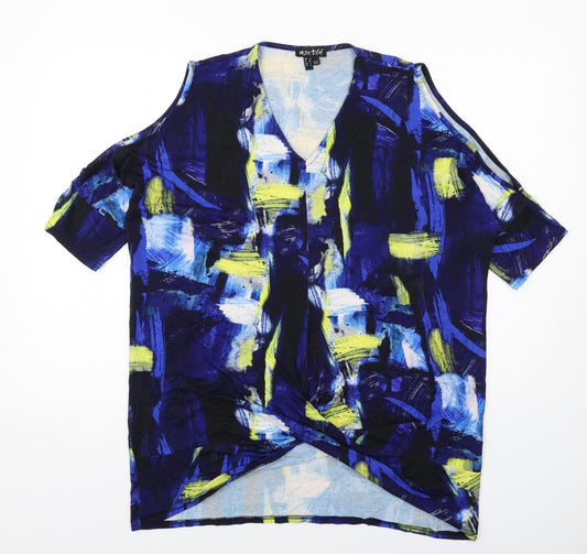 MARBLE Womens Blue Geometric Viscose Basic T-Shirt Size M V-Neck - Cold Shoulder Detail