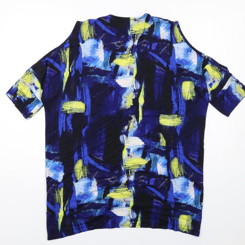 MARBLE Womens Blue Geometric Viscose Basic T-Shirt Size M V-Neck - Cold Shoulder Detail