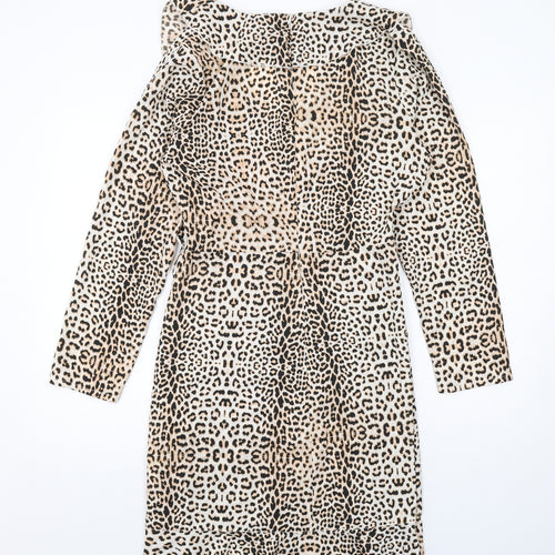 Wednesday's Girl Womens Beige Animal Print Polyester Shift Size L V-Neck Zip - Leopard Print