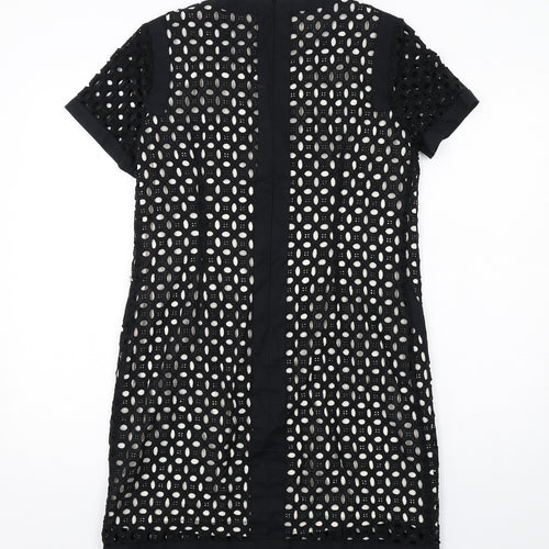 NEXT Womens Black Cotton Shirt Dress Size 12 Round Neck Zip - Broderie Anglaise