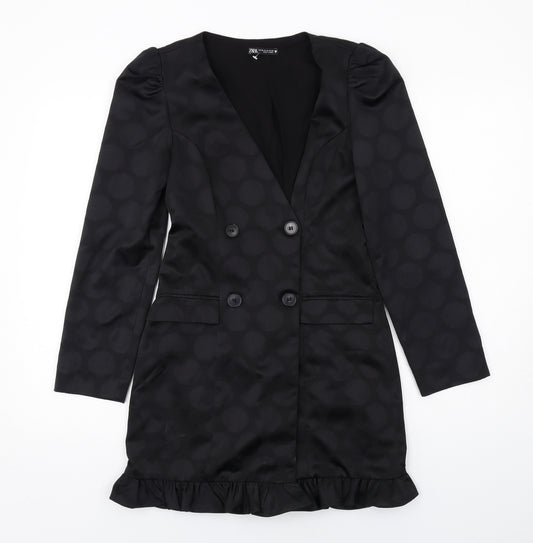 Zara Womens Black Polka Dot Polyester Jacket Dress Size XS V-Neck Button