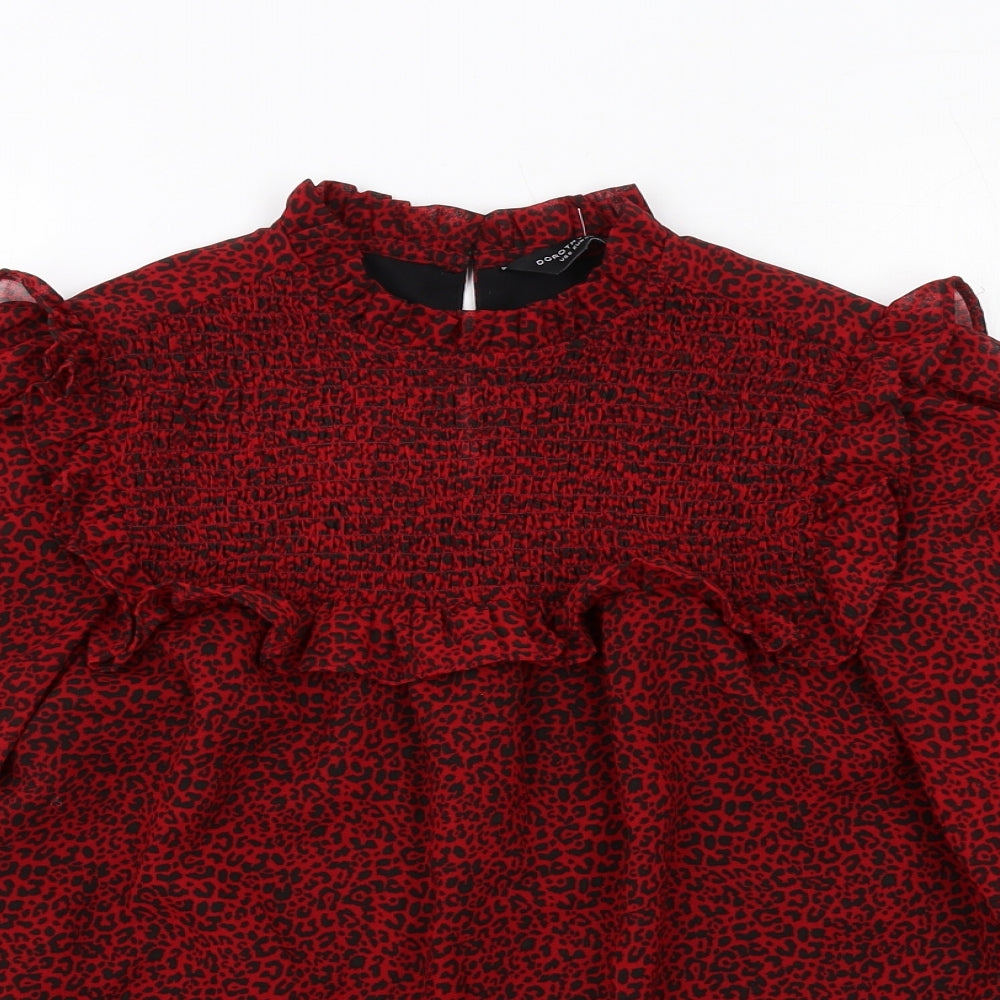 Dorothy Perkins Womens Red Animal Print Polyester Basic Blouse Size 10 Mock Neck - Leopard Print