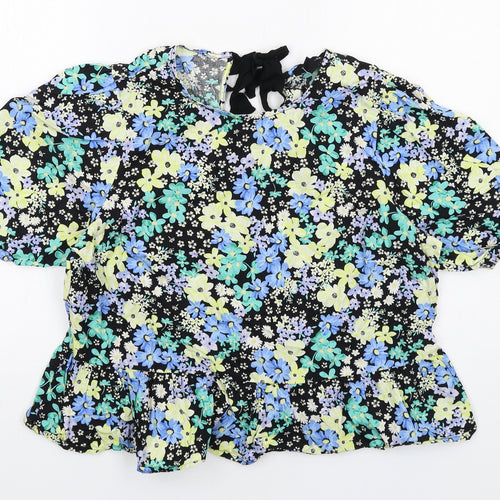 New Look Womens Multicoloured Floral Cotton Basic Blouse Size 14 Round Neck