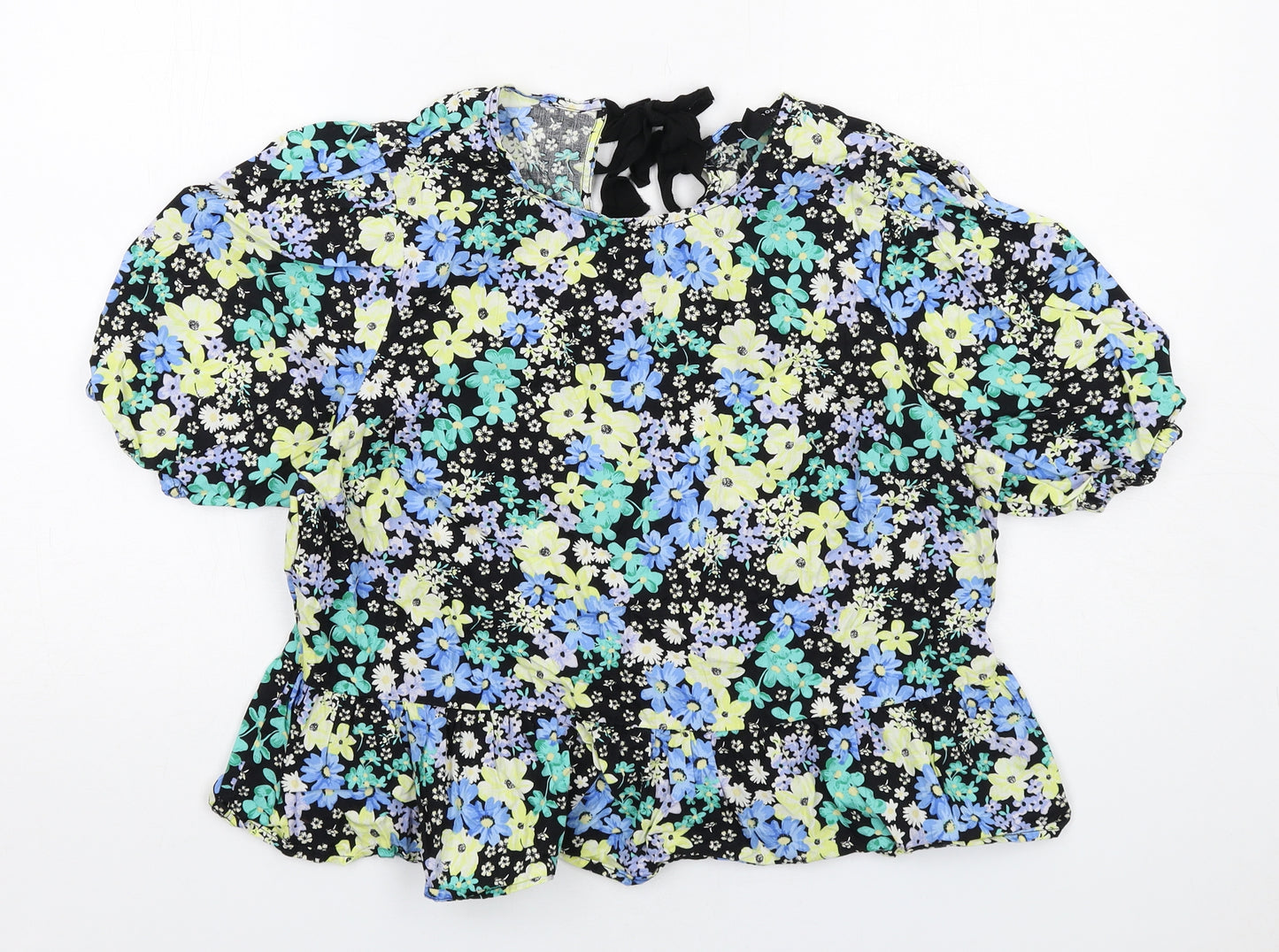 New Look Womens Multicoloured Floral Cotton Basic Blouse Size 14 Round Neck